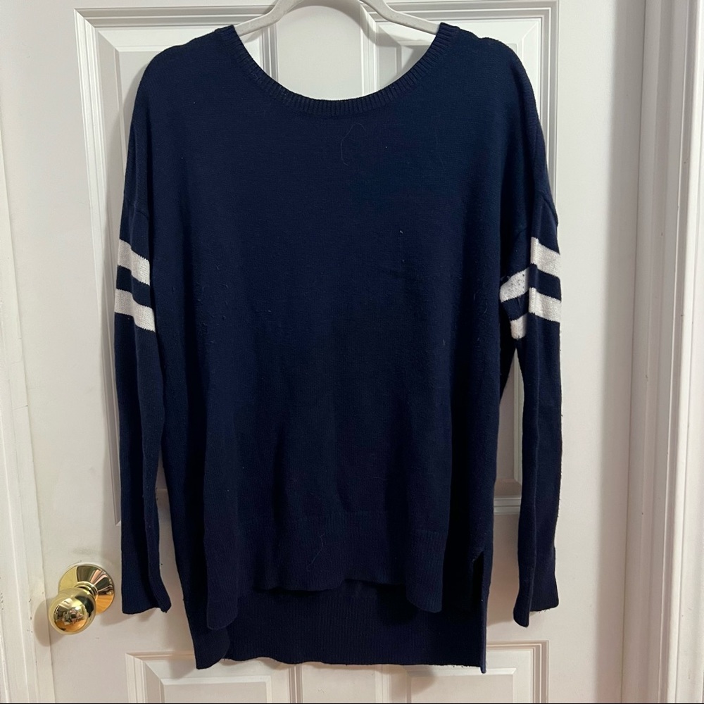 Sporty Striped Sleeve Navy Sweater
